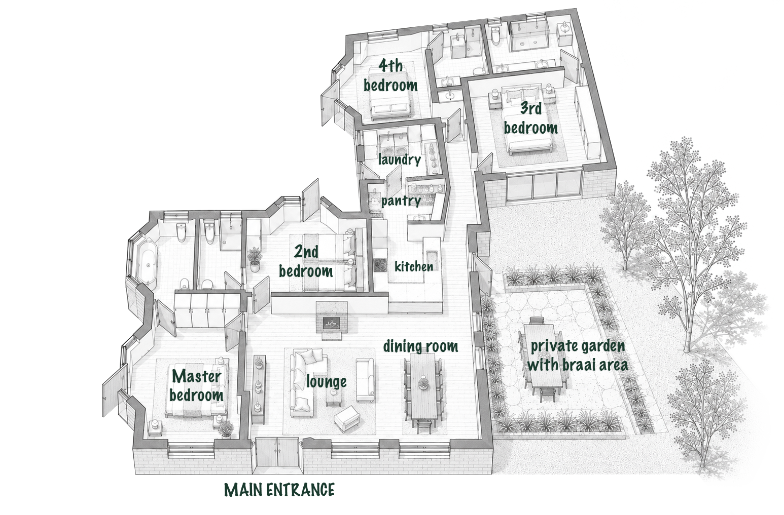 Floor plan of The Trout and Butterfly showing the bedrooms, bathrooms, living room, kitchen and patio
