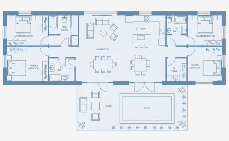 Floor plan of The Trout and Butterfly showing the bedrooms, bathrooms, living room, kitchen and patio