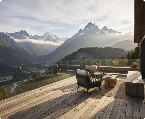 Timber deck with seating and a glass balustrade overlooking mountains