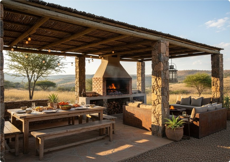 Covered patio with a built-in braai, long table and benches looking over open countryside