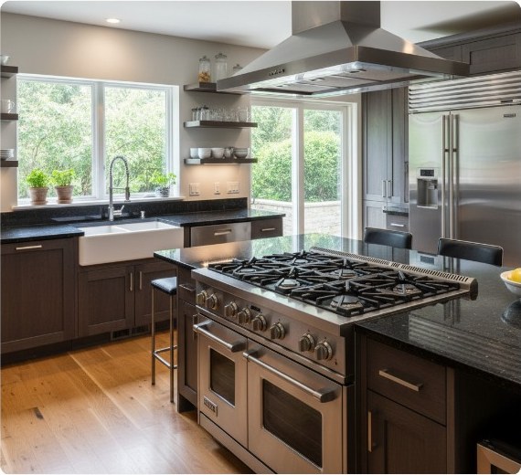 Kitchen with a gas range, sink under the window and generous counter space