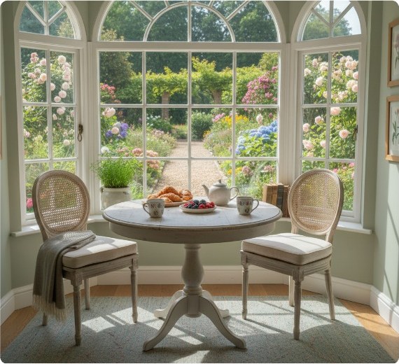Breakfast table and chairs in a bay window looking onto the garden