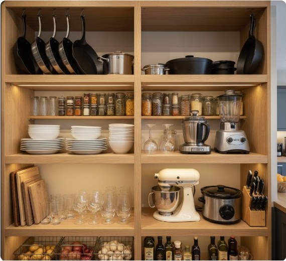 Open pantry shelving with crockery, glassware and small appliances