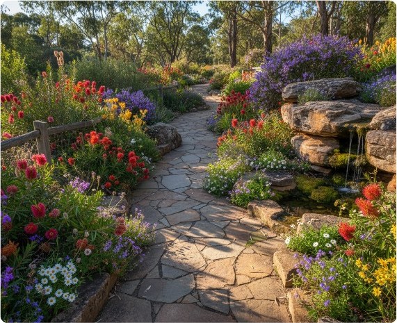 Stone pathway winding between flowering garden beds