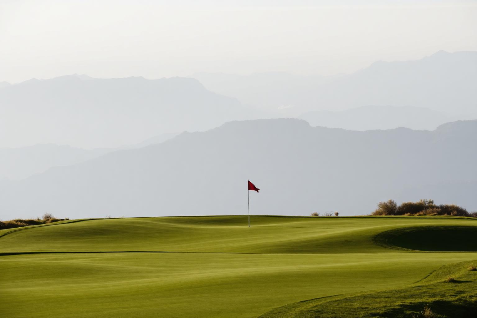 Golf green with a red flag beneath hazy highland mountains