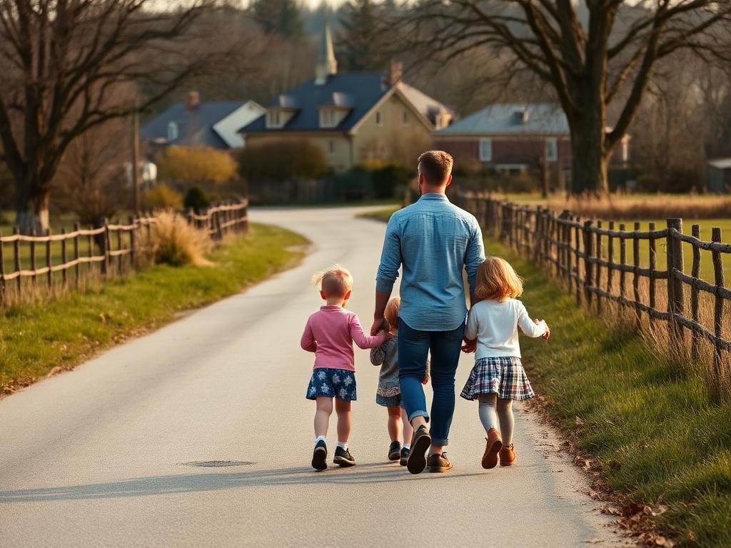 Family walking along a quiet country road on a weekend outing