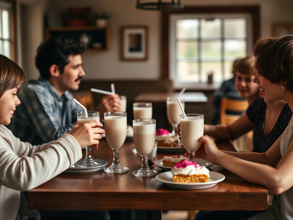 Family sharing milkshakes at a small-town café