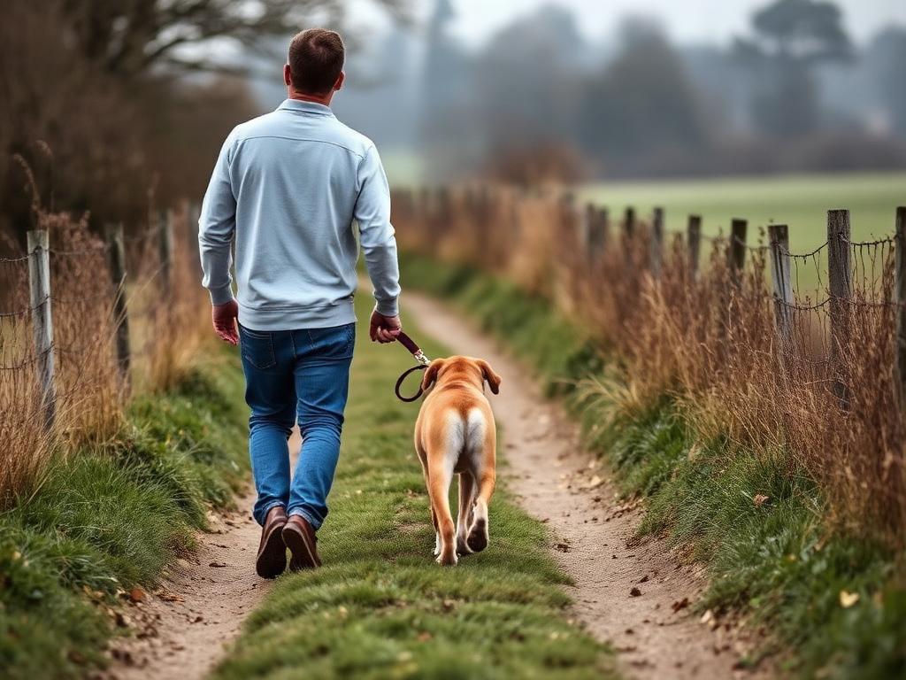 Family walking a dog along a country path