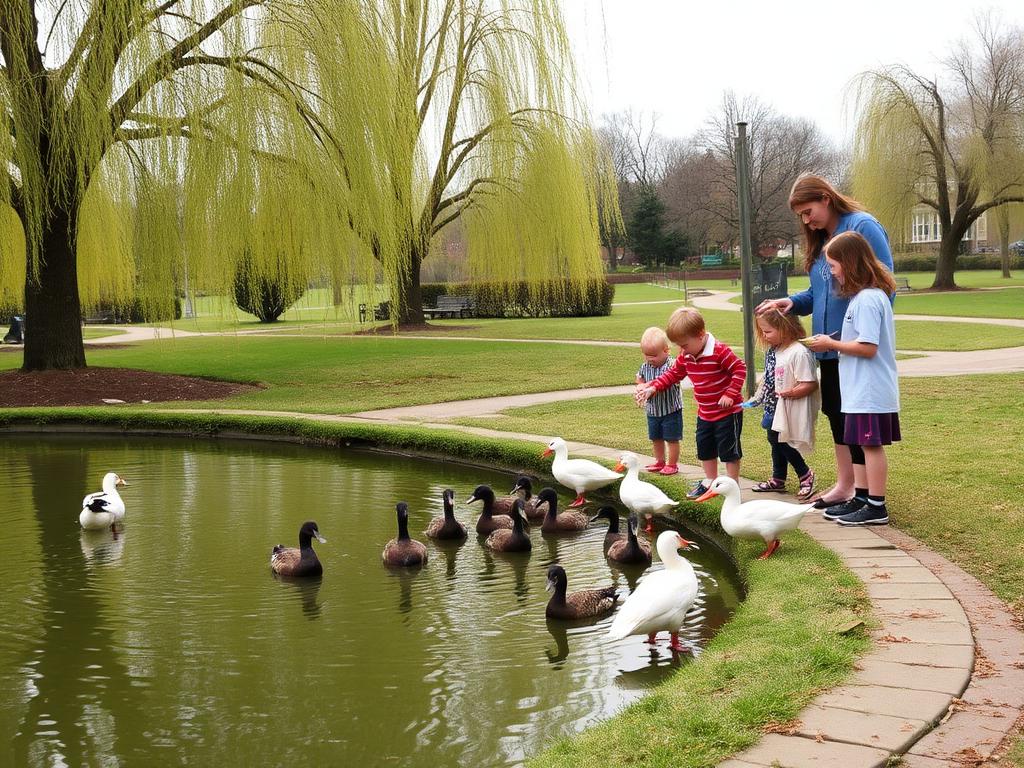 Children feeding ducks at a small town park pond
