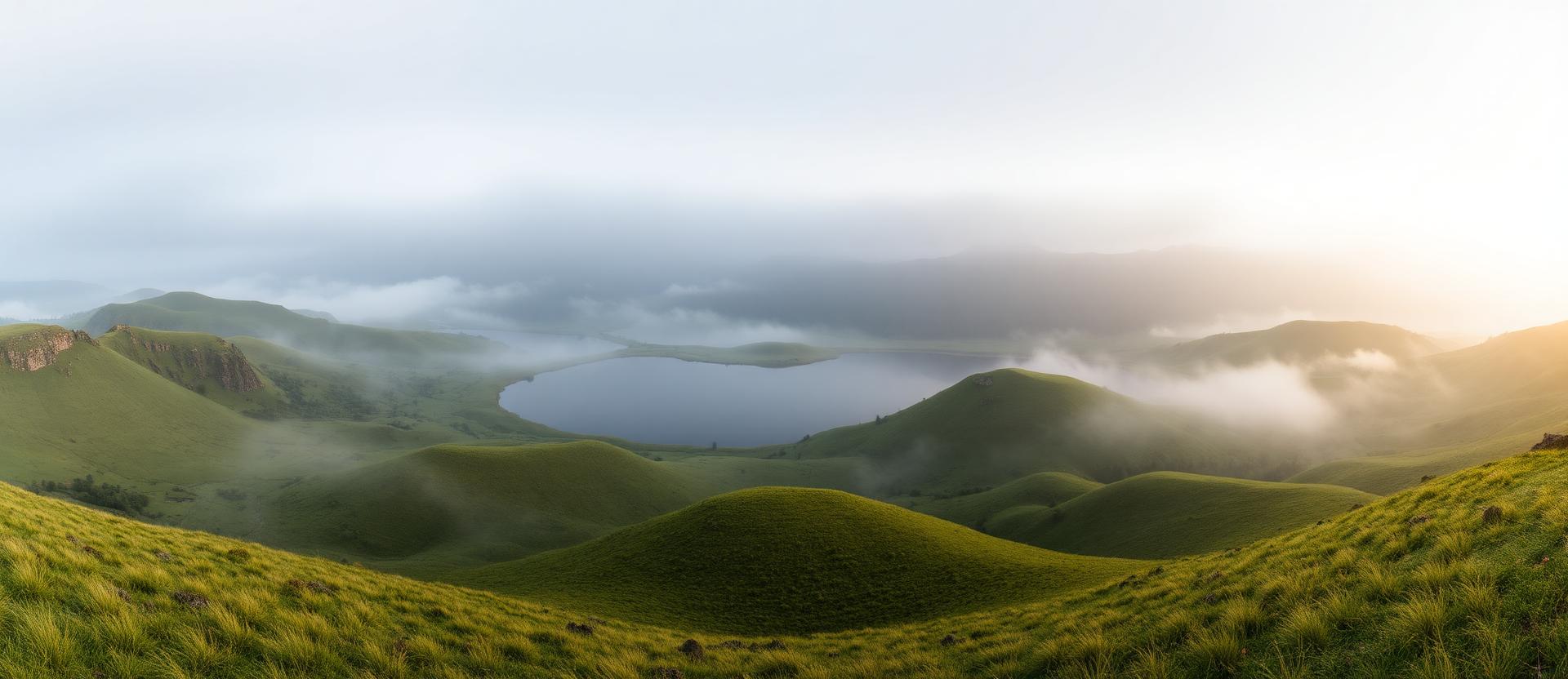 Mist over a highland dam surrounded by rolling green hills