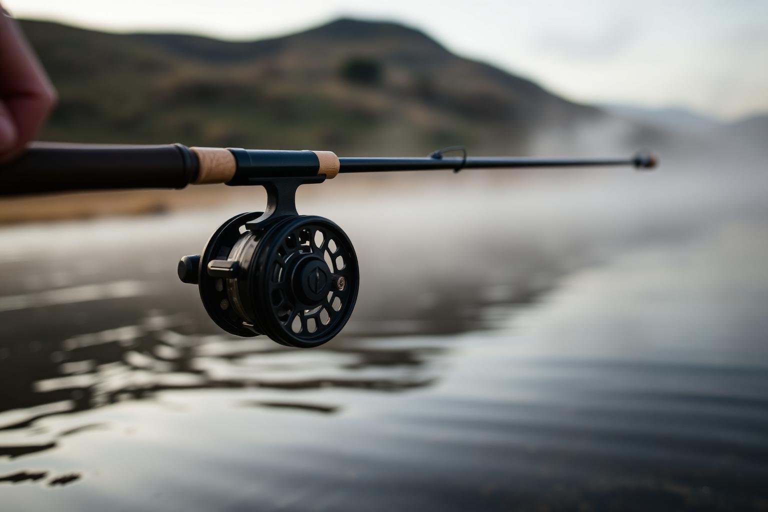 Fly fishing rod and reel held above calm water