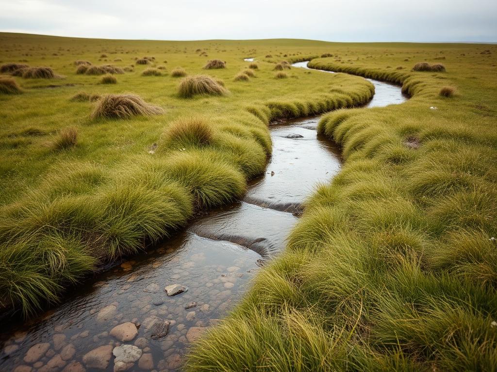Clear highland stream running through open grassland