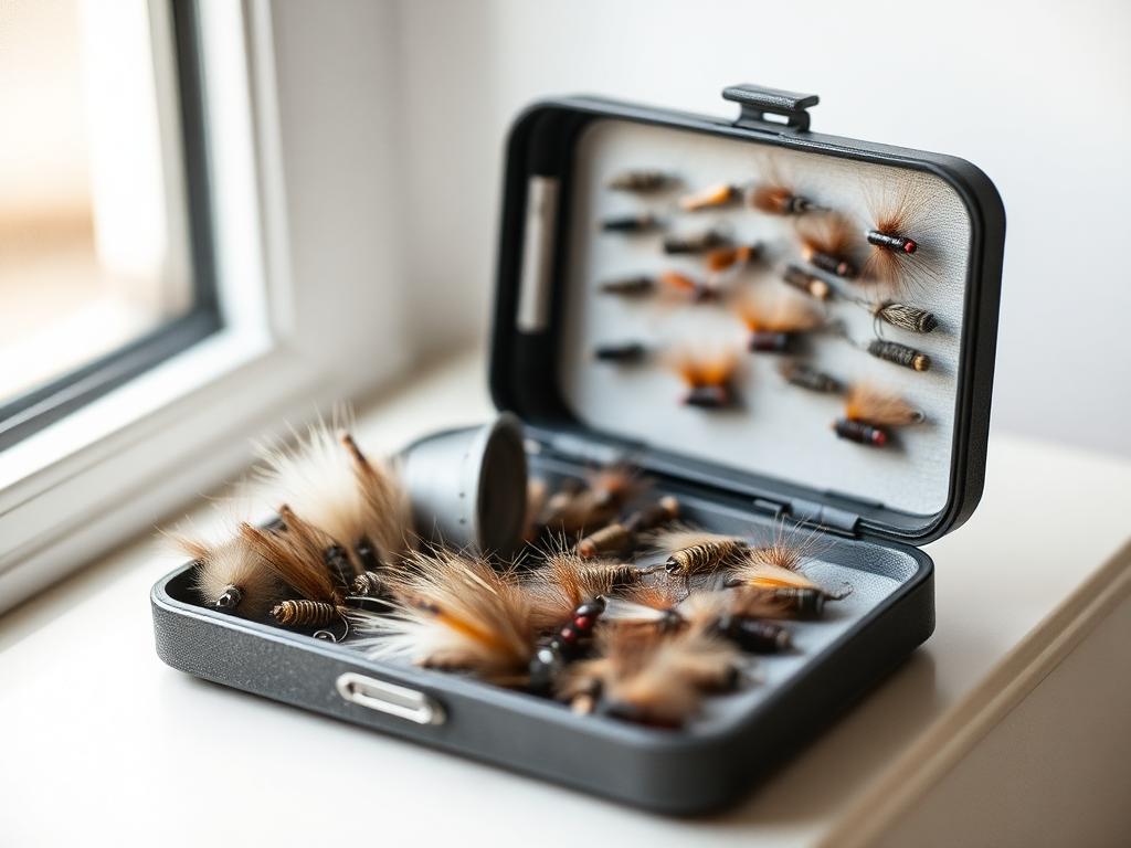 Hand-tied trout flies arranged in a fly box
