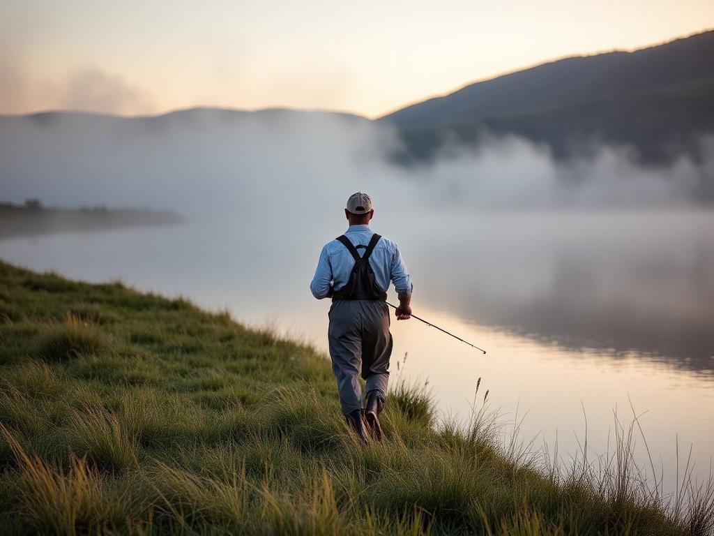 Fly fisher walking the grassy edge of a misty dam at dusk