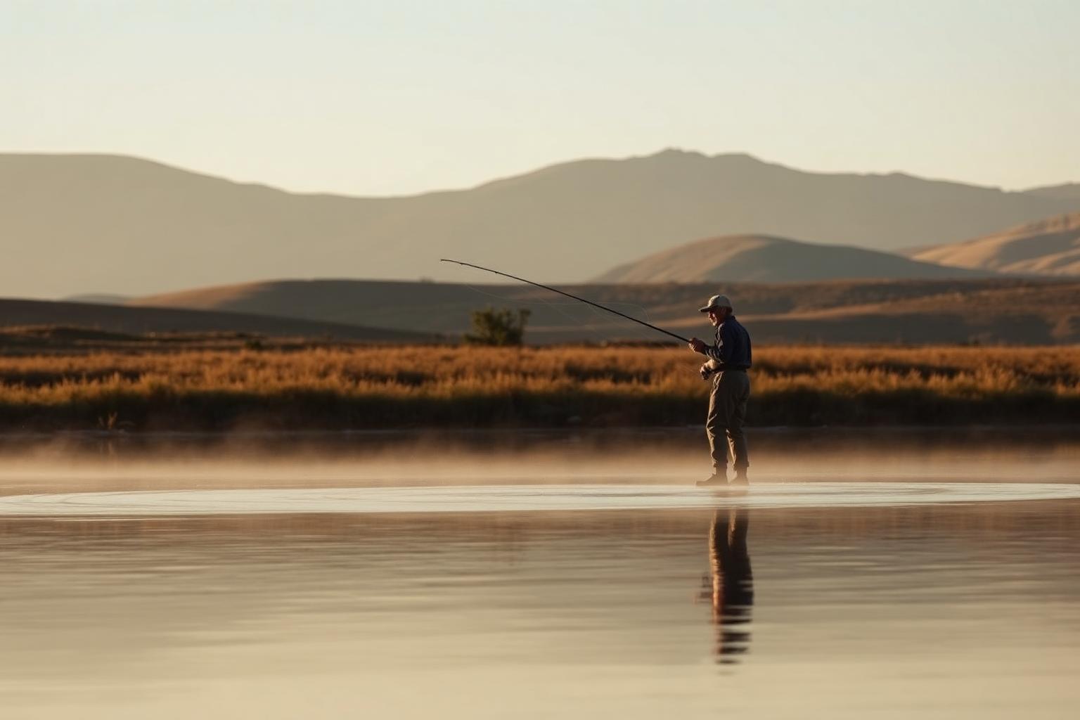 Fly fisher wading in a still highland dam at dawn near Dullstroom