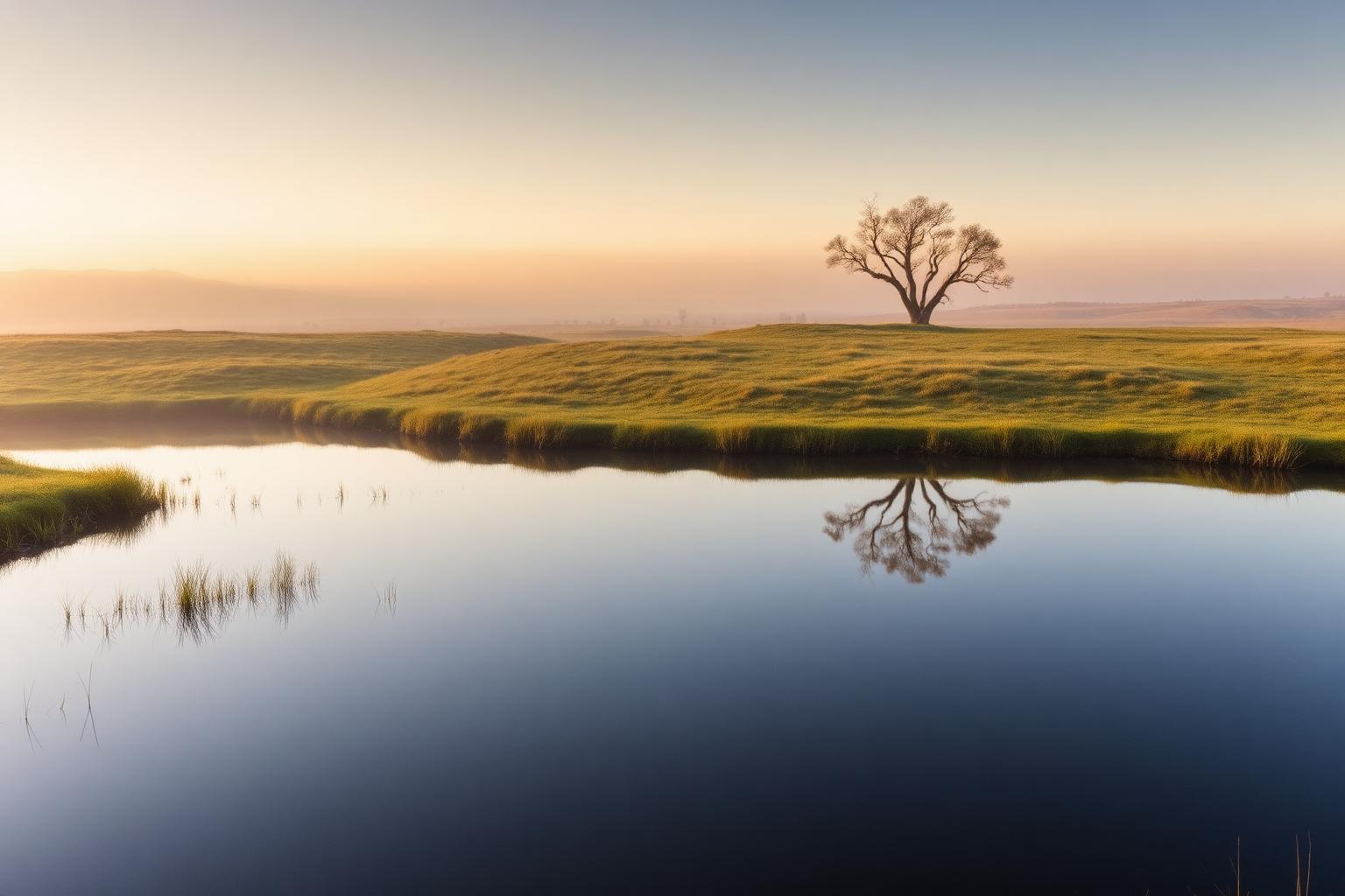 Still highland dam and rolling grassland at first light near Dullstroom
