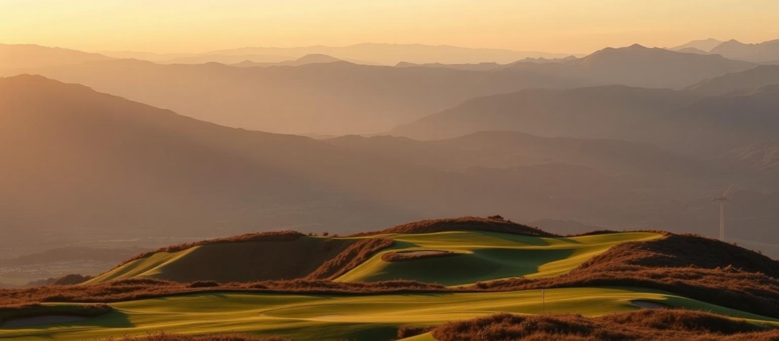 Golfers walking a highland fairway at golden hour