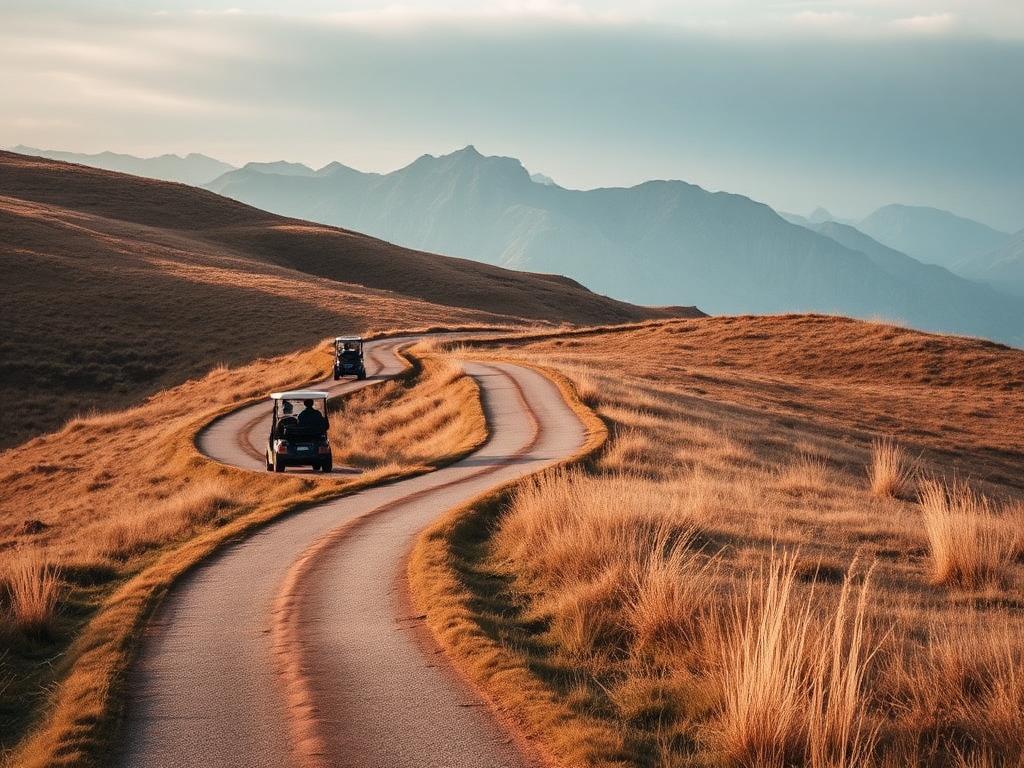 Golf cart path winding through highland grassland