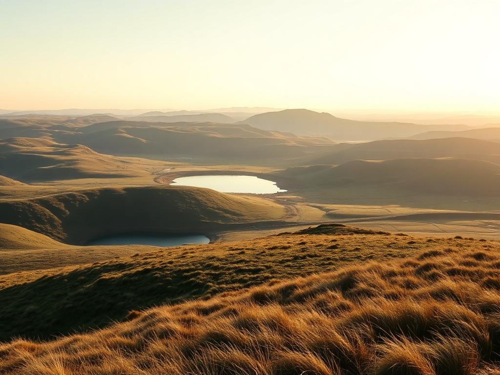 Golden highland hills around still farm dams
