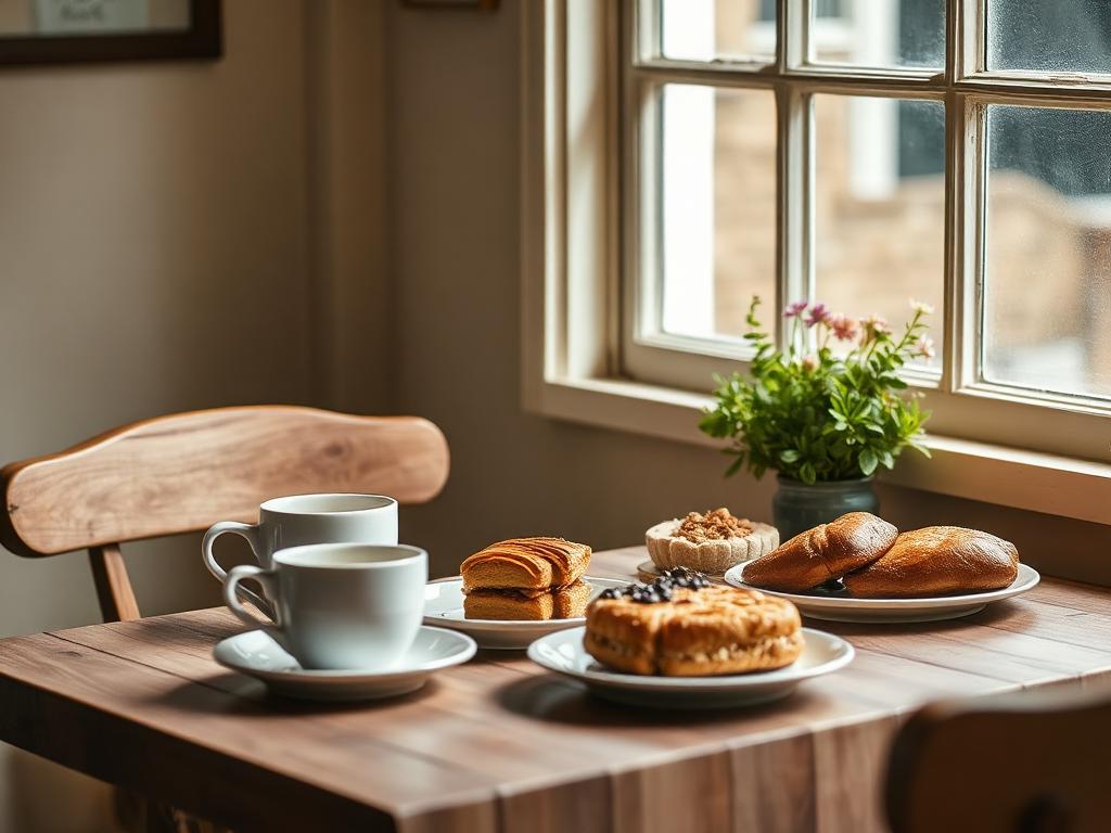 Coffee and pastries on a café table by the window