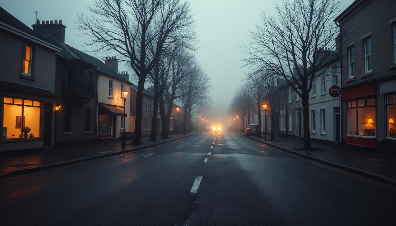 Misty early-morning street in the highland town of Dullstroom