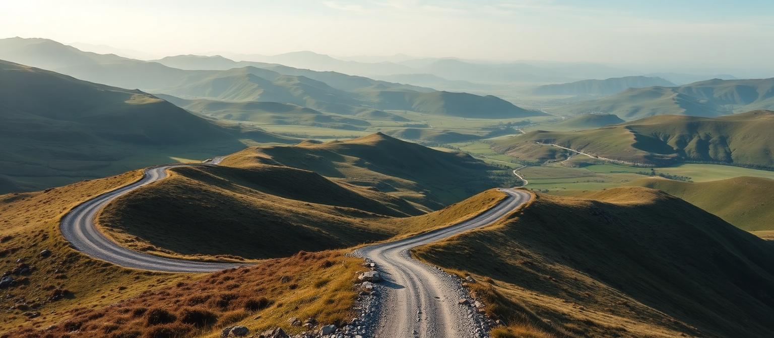 Quiet gravel farm road through rolling highlands