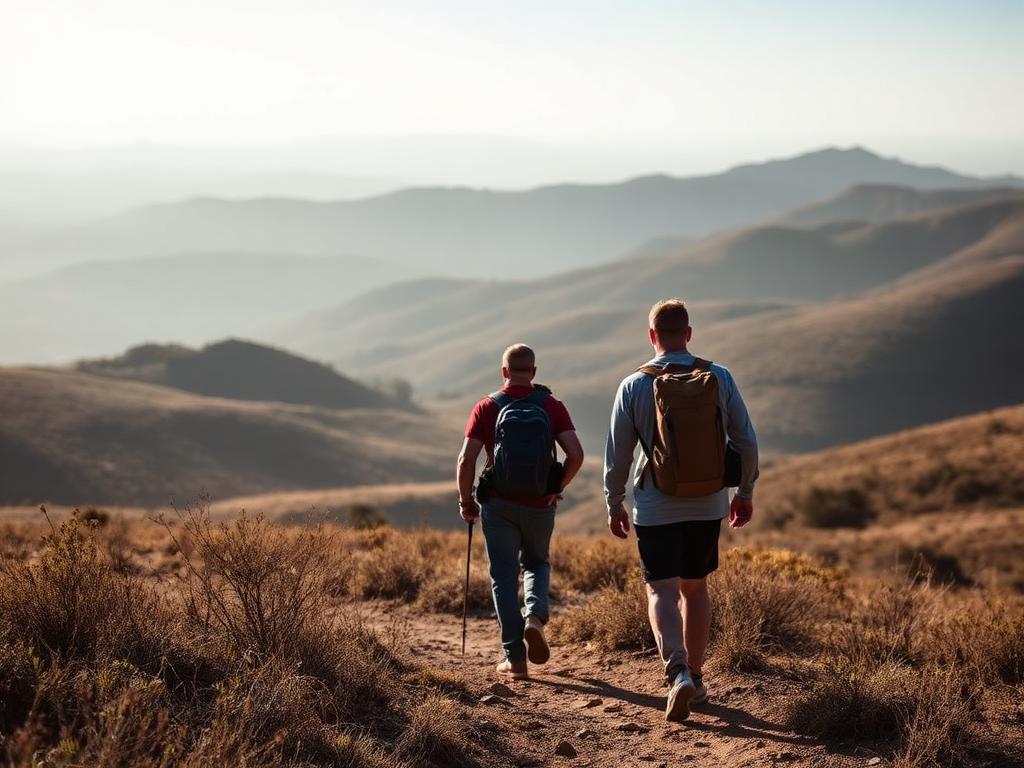 Hiker with a backpack walking a highland ridge trail