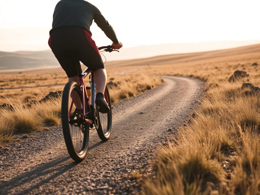 Mountain biker on a gravel farm road at sunrise