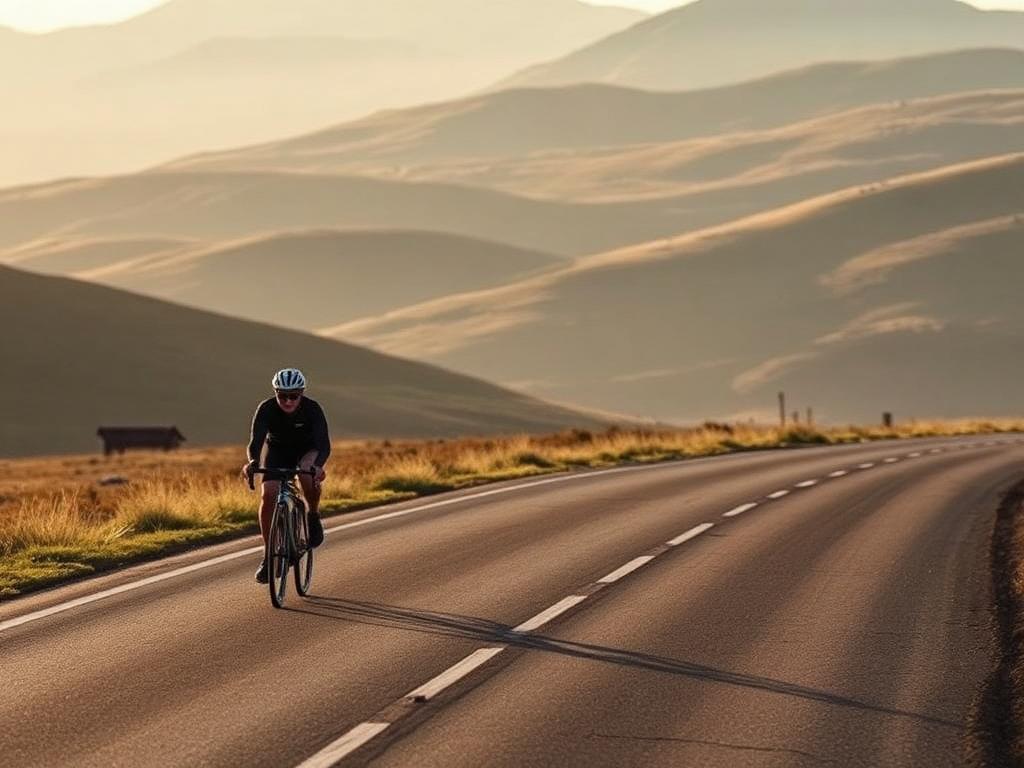 Road cyclist climbing a winding highland pass