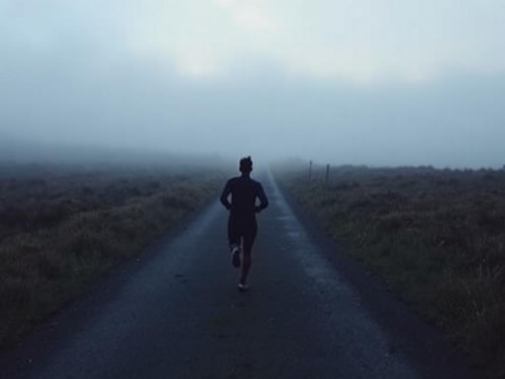 Trail runner moving through misty highland grassland