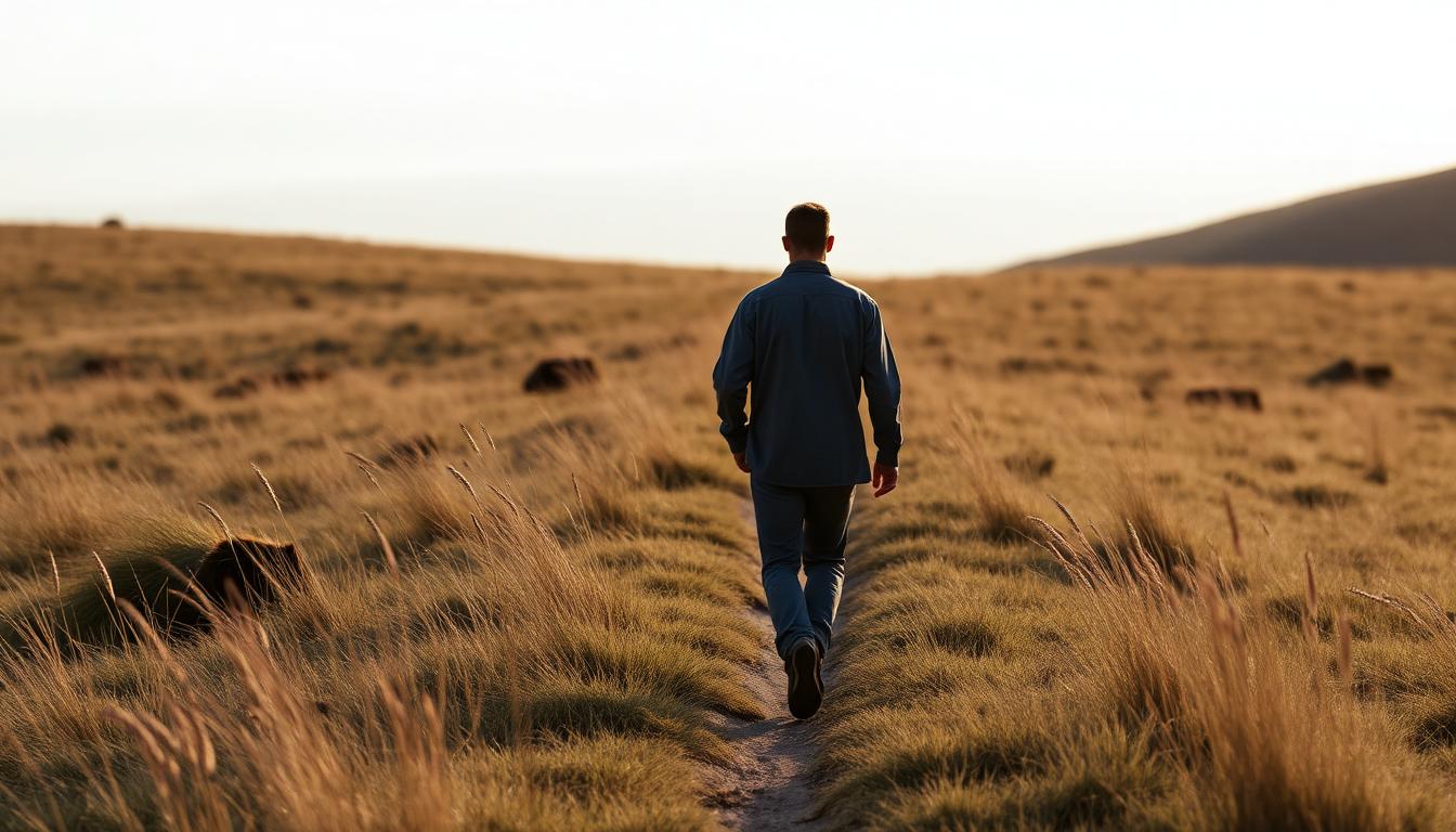 Walker on a quiet grassy path through highland grassland